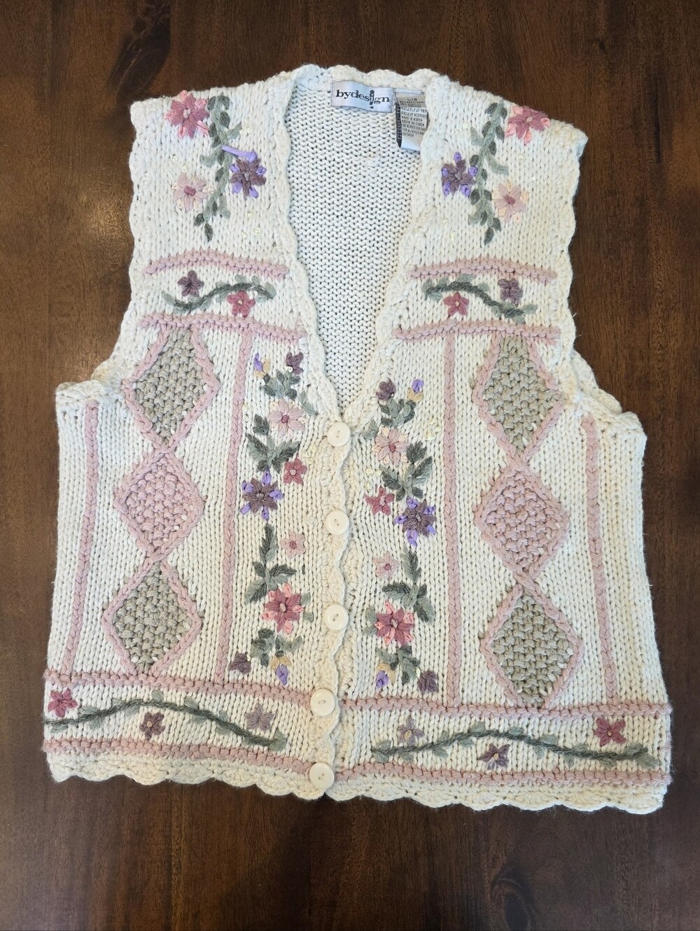 Vintage By Design Floral Embroidered Knit Vest Sz L Cottagecore Poetcore Girly